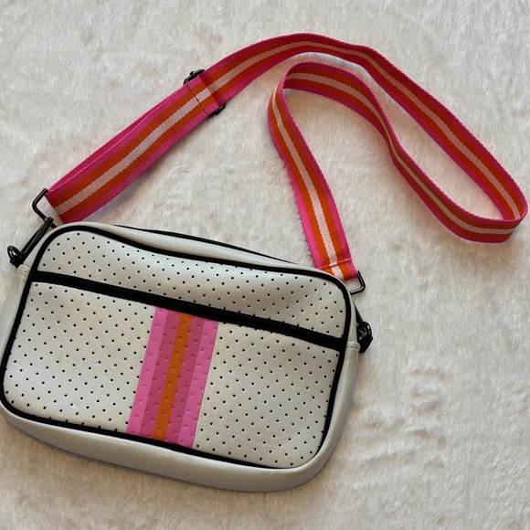 purchased from boutique Handbags - Stylish White Neoprene Bag with Pink and Orange Stripes